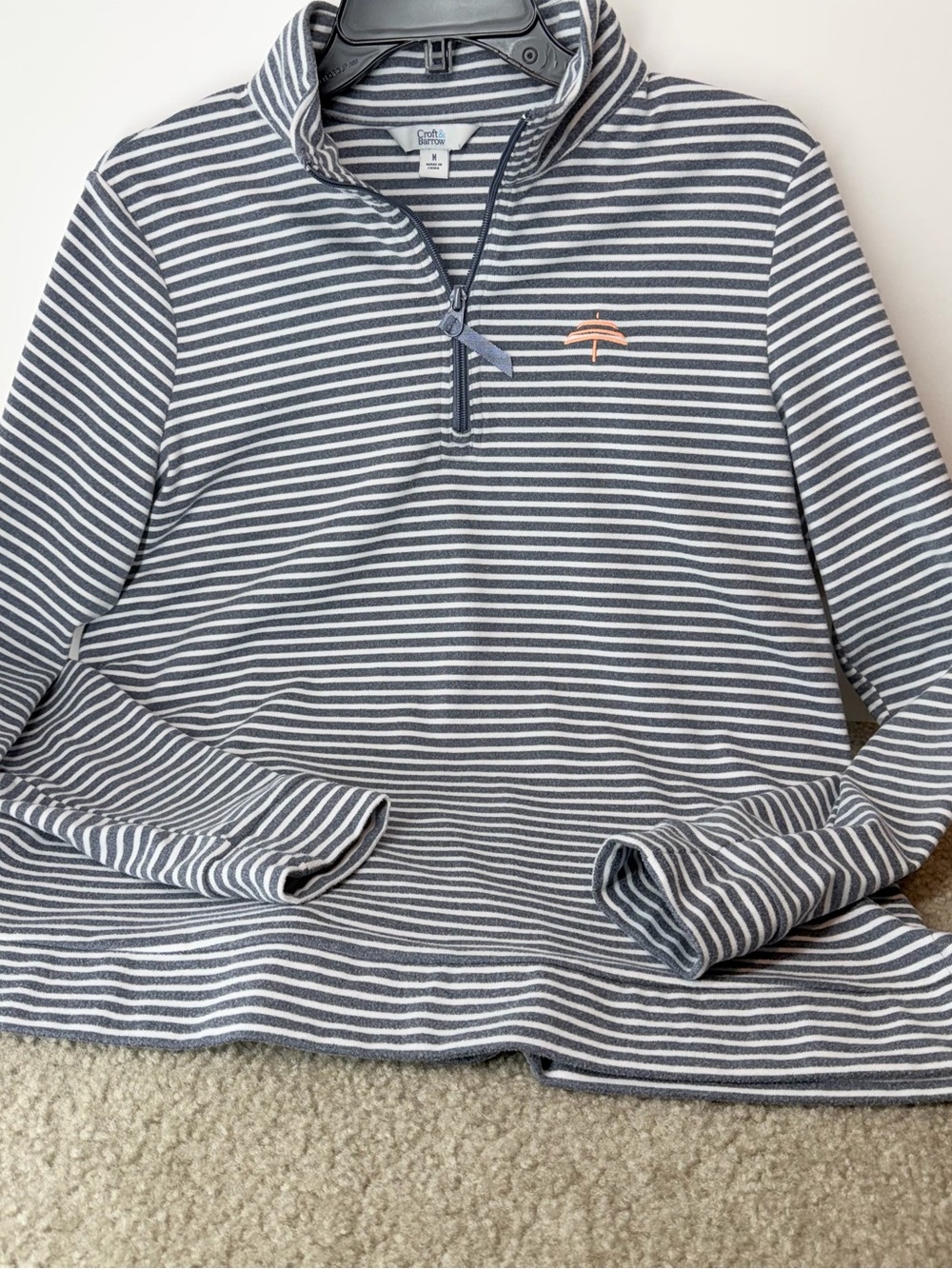 croft & barrow Navy and White Striped 1/4 Zip Pullover with Umbrella Logo